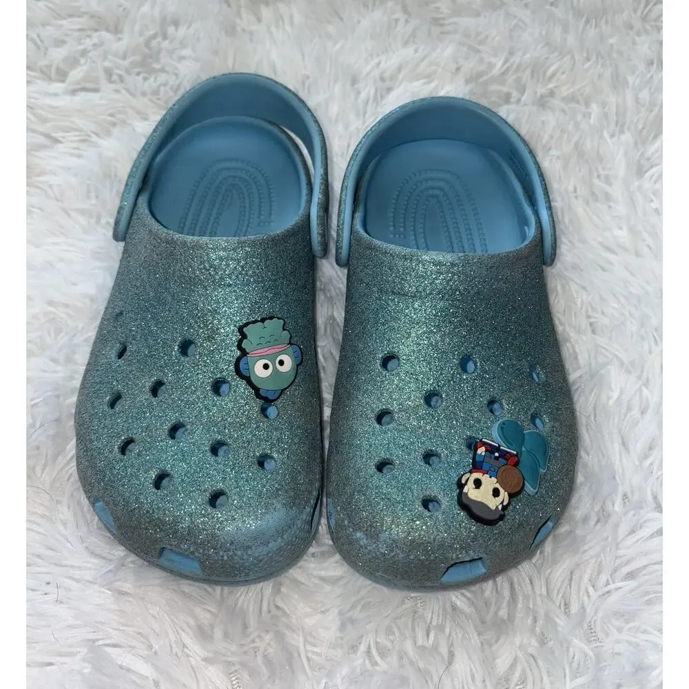 Crocs Girls Sz. 2 Turquoise Glitter Slip Ons. Cute